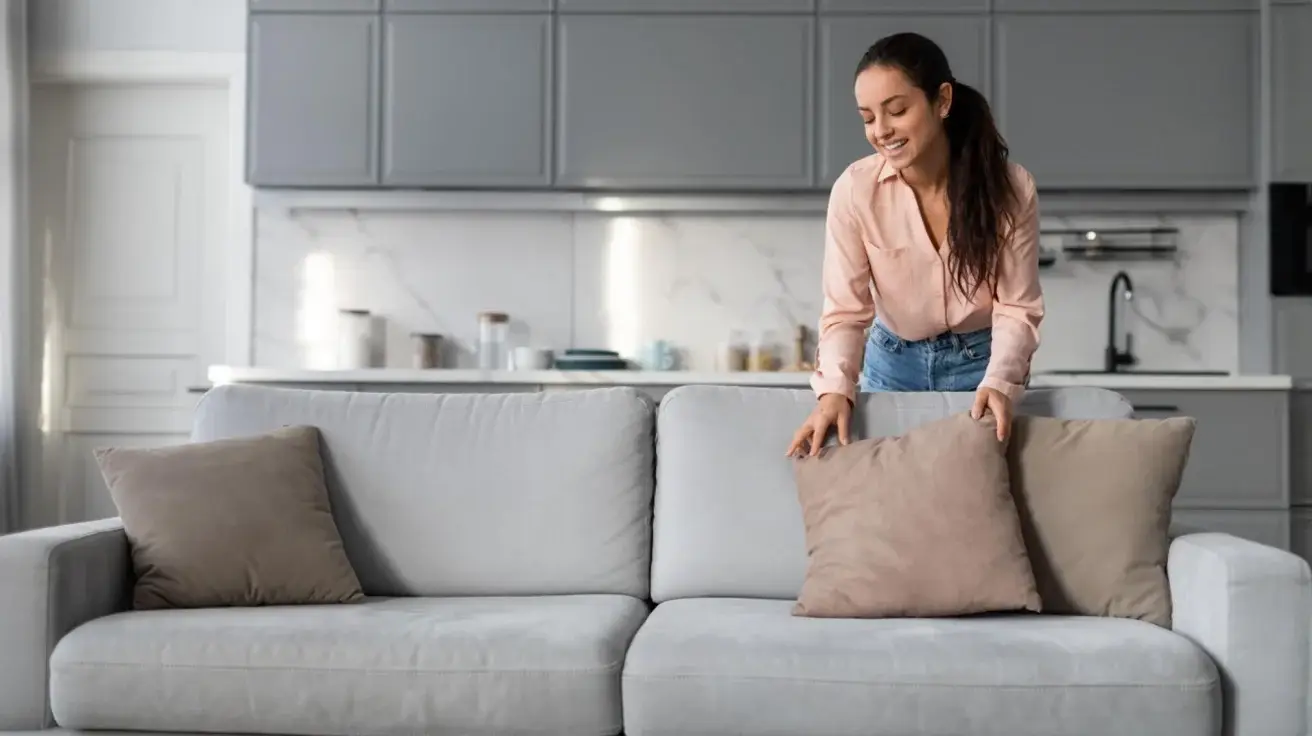 Smiling woman in a pink blouse arranging beige cushions on a gray sofa in an open-plan living area