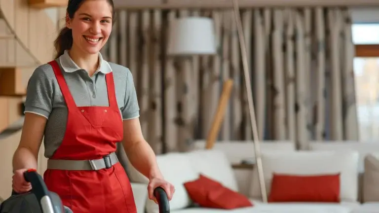 Professional cleaner smiling while vacuuming a spacious living room