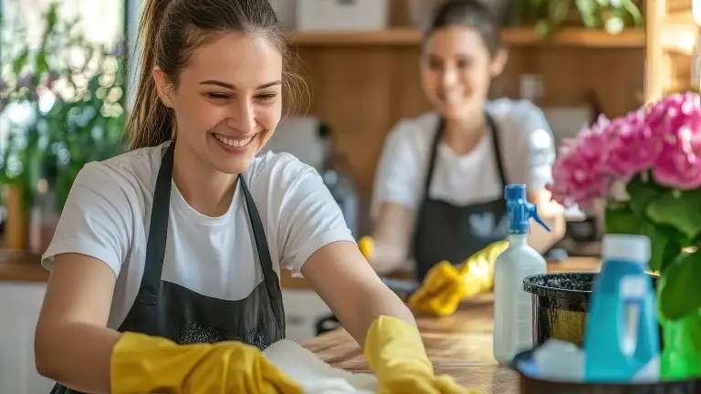 Two smiling cleaners with yellow gloves scrubbing a kitchen counter